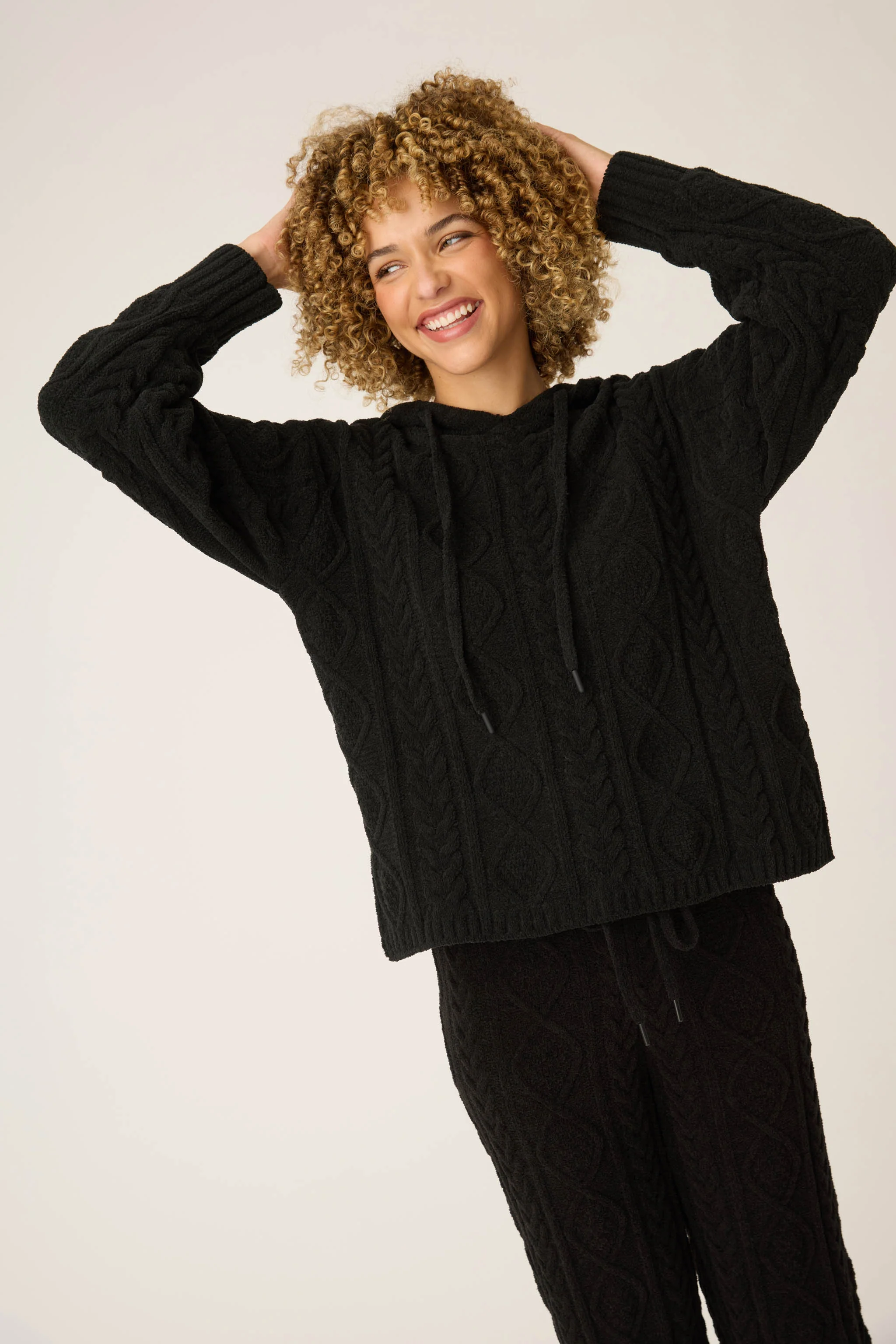 Chenille Cable Knit Black Hoodie