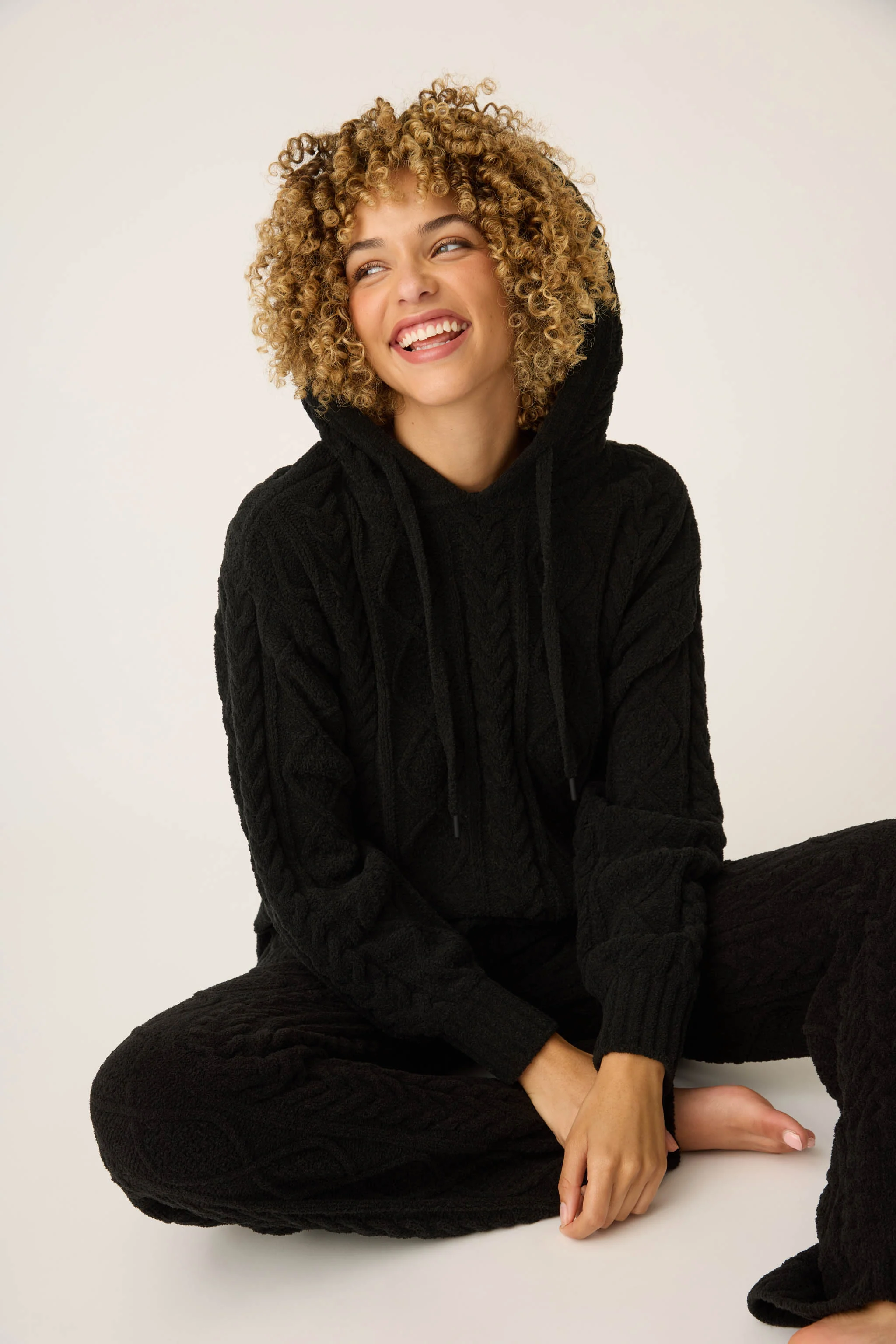 Chenille Cable Knit Black Hoodie - Image 2