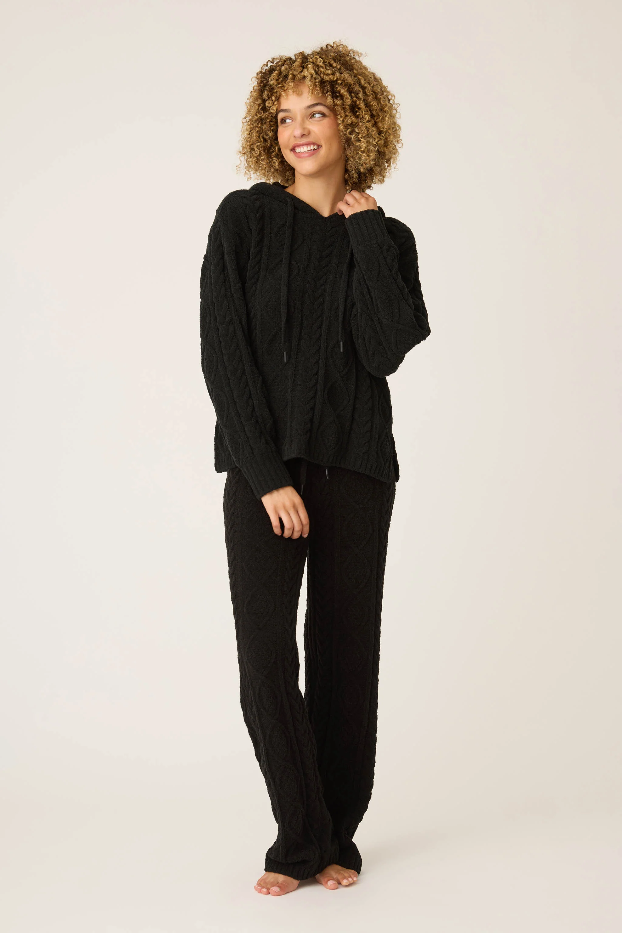 Chenille Cable Knit Black Hoodie - Image 3