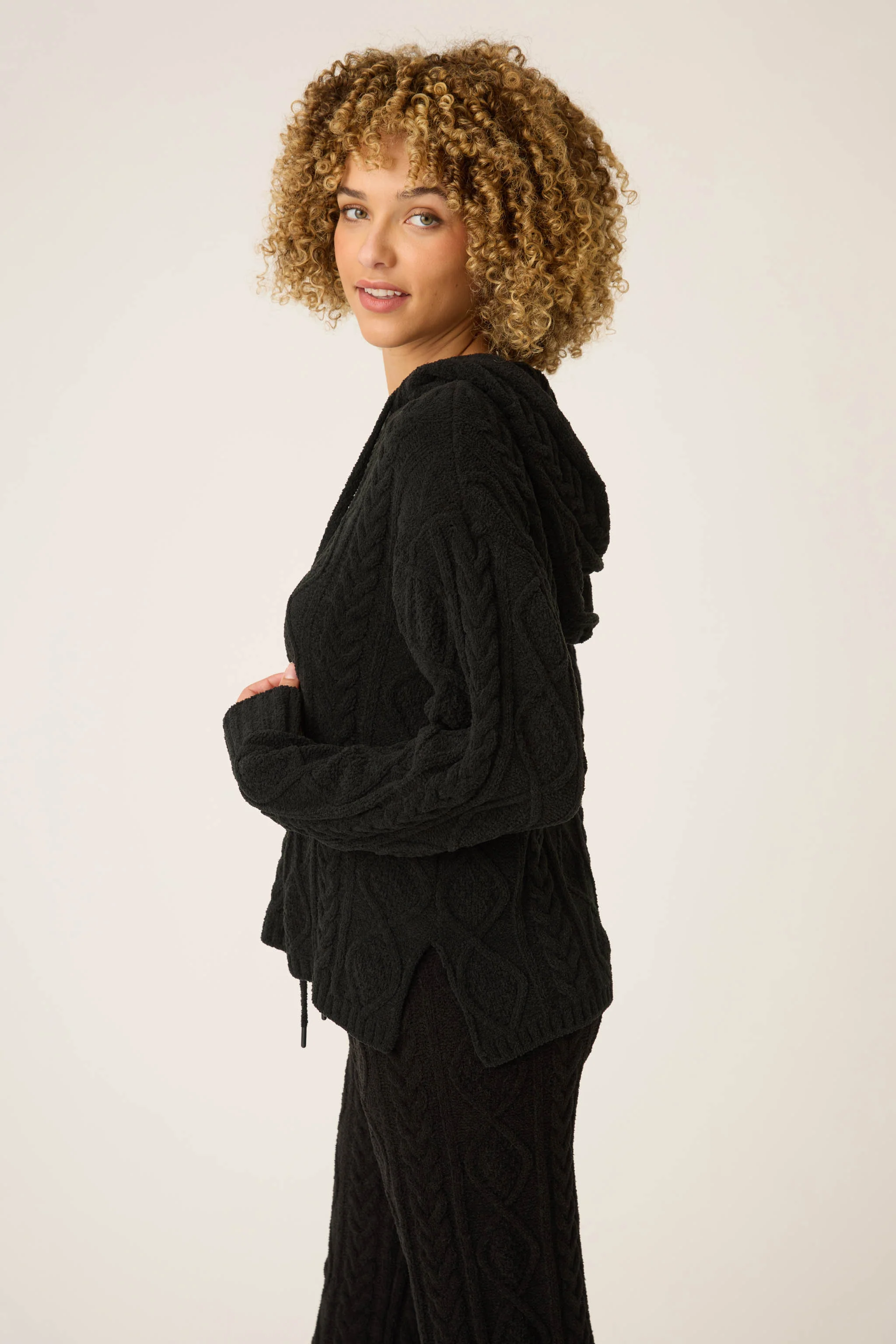 Chenille Cable Knit Black Hoodie - Image 4