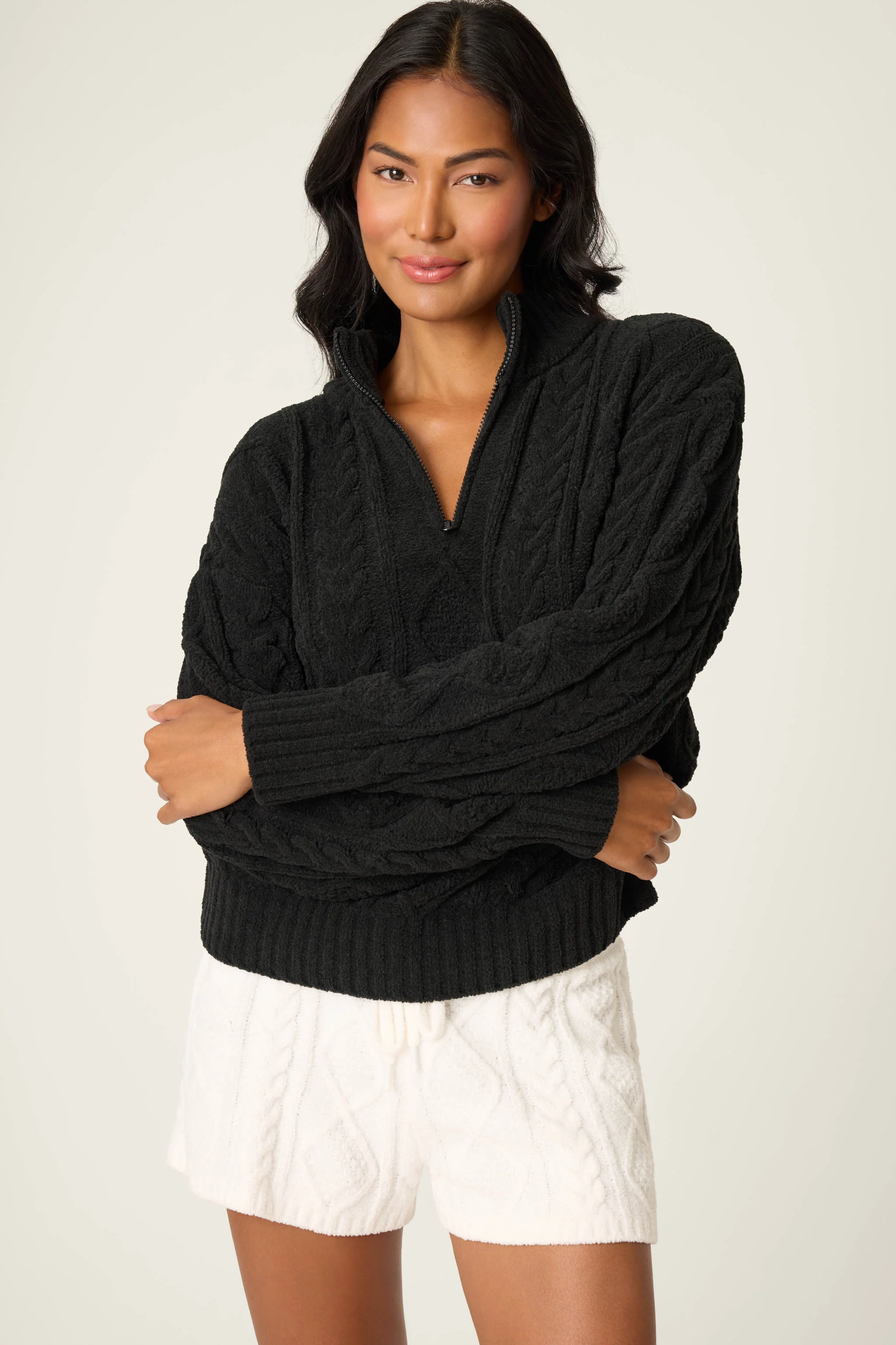 Quarter Zip Chenille Cable Knit Top